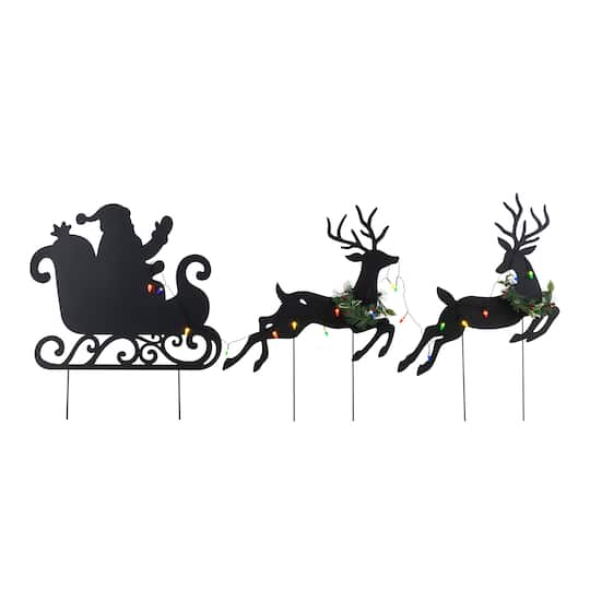 Glitzhome® 36" Set of 3 Christmas Lighted Metal Reindeer & Santa Sleigh Yard Stake with Timer